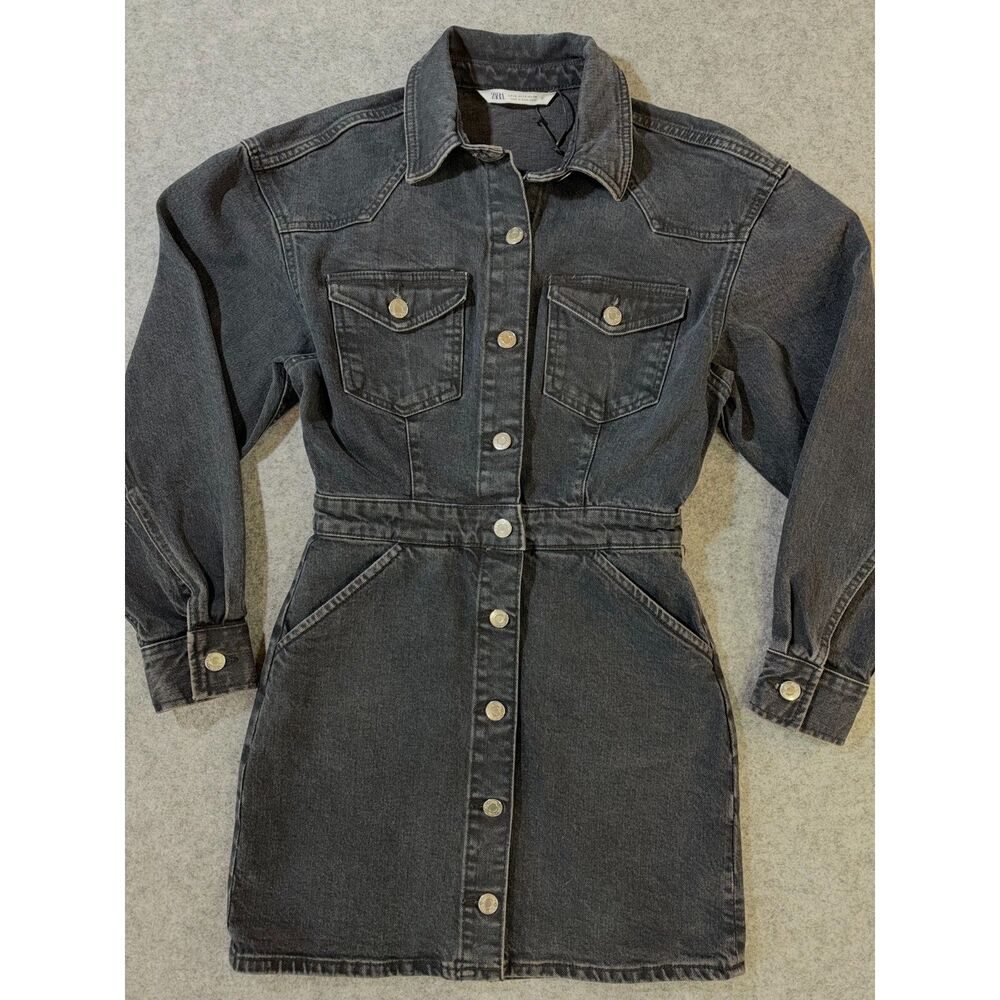 Zara Button Front Washed Black Denim Jean Mini Dress XS Western Rodeo Y2K NWOT